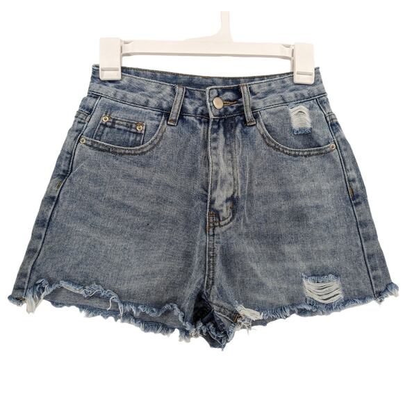 Shein Distressed Jean Shorts XS Women Light Wash Raw Hem High Rise Ripped Denim - Picture 9 of 9